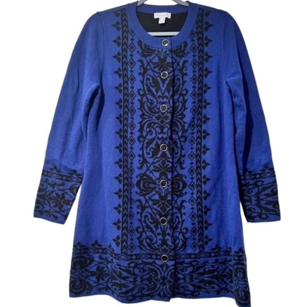 Susan Graver Women's Blue Black Button Front‎ Cardigan Size Medium New With Tags